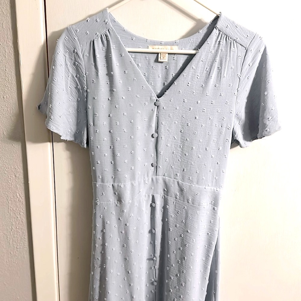 Sky blue French dot midi dress with front slit.